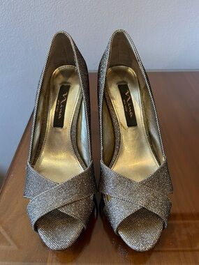 Nina Gold Metallic Peep-Toe Heels